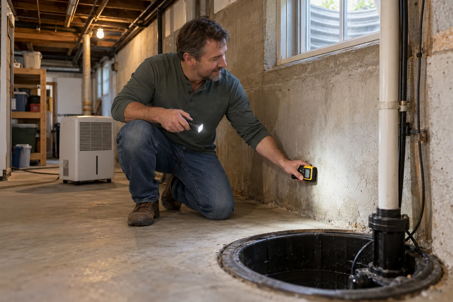 A Middlefield homeowner checking a basement wall for mold with a flashlight